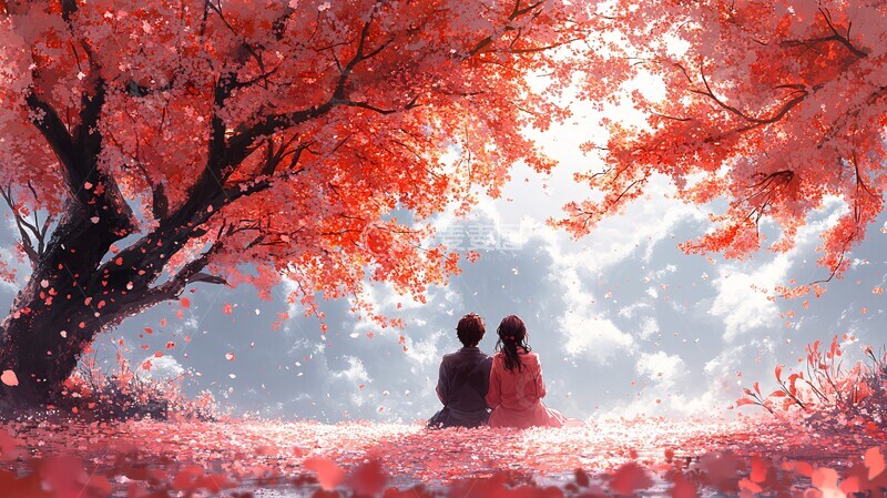 高清大图下载【趣麦麦图】樱花树下情侣背影