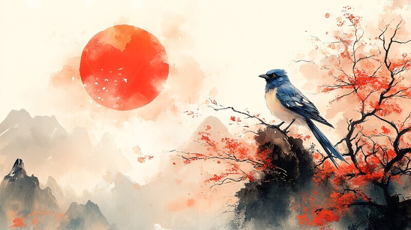 高清大图下载【趣麦麦图】蓝鹊红日新年画