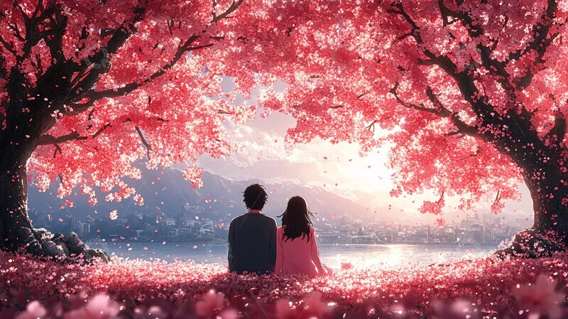 高清大图下载【趣麦麦图】樱花树下情侣背影2