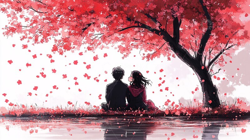 高清大图下载【趣麦麦图】樱花树下情侣背影1