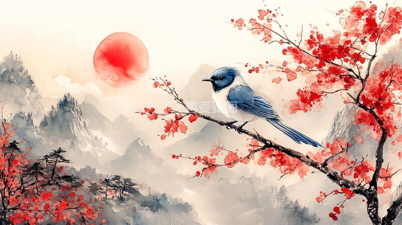 高清大图下载【趣麦麦图】蓝鹊红日新年画1