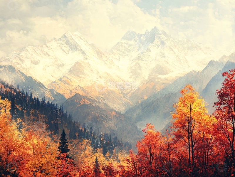 高清大图下载【趣麦麦图】雪山森林金秋图1