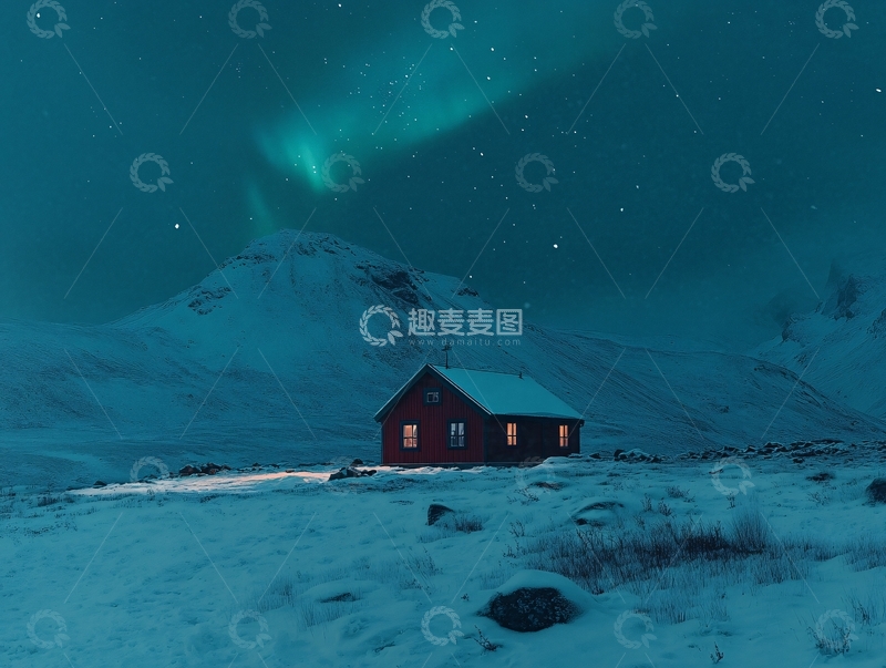 高清大图下载【趣麦麦图】极光下的冰原小屋