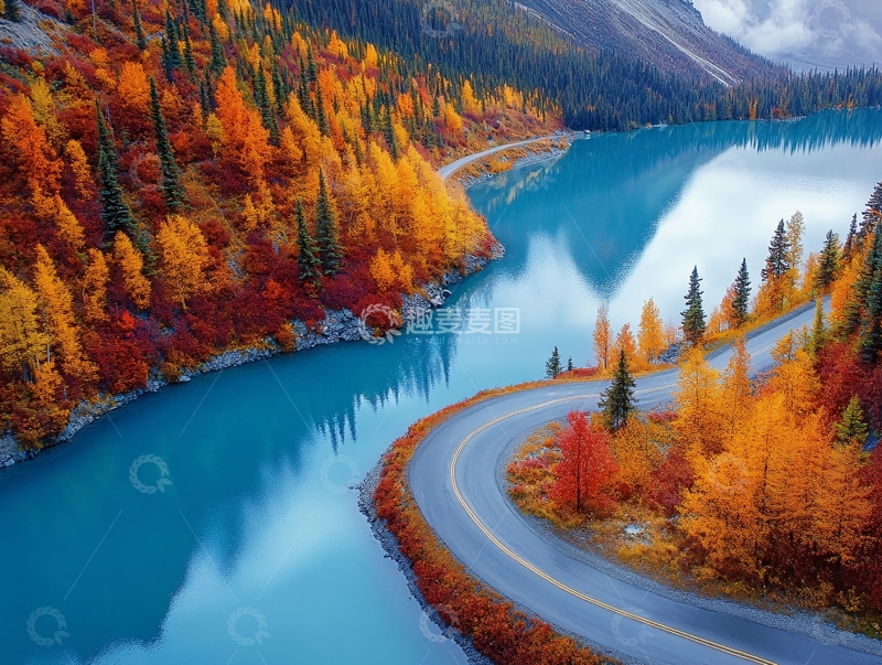 高清大图下载【趣麦麦图】秋季山林蓝色的湖