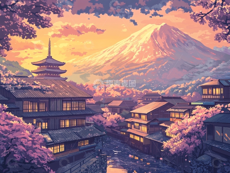 高清大图下载【趣麦麦图】赏樱楼插画5