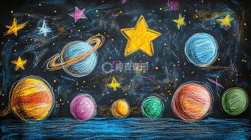 高清大图下载【趣麦麦图】星空与行星蜡笔画3