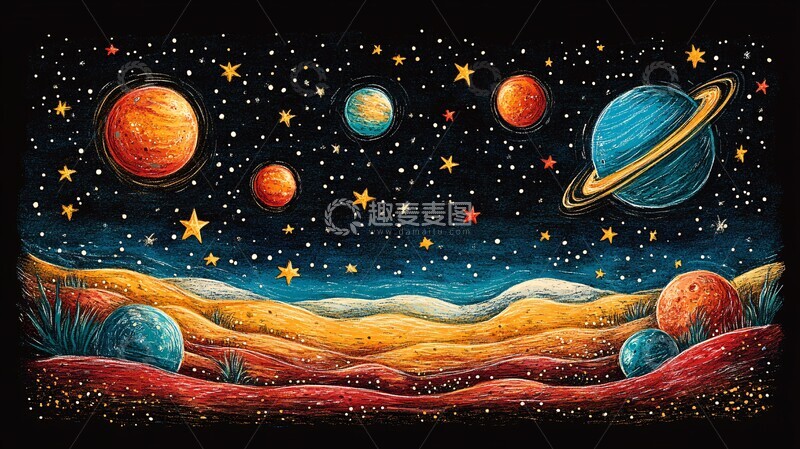 高清大图下载【趣麦麦图】星空与行星蜡笔画