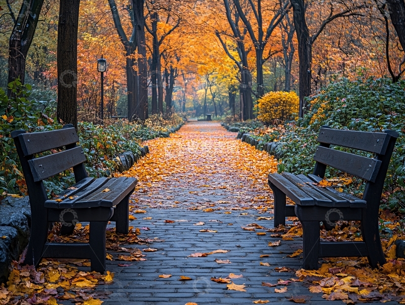 高清大图下载【趣麦麦图】落叶满地与休息长凳1