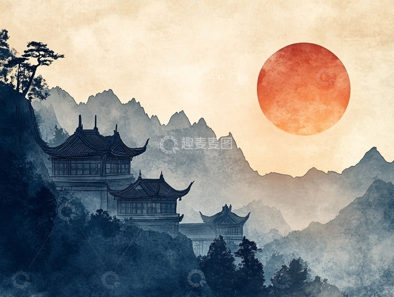 高清大图下载【趣麦麦图】旭日东升楼阁山水画6