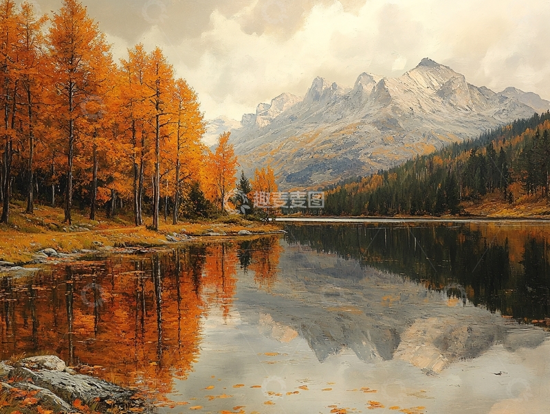 高清大图下载【趣麦麦图】高山湖泊森林雪山黄叶2