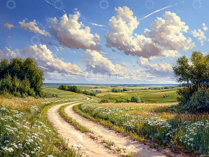 高清大图下载【趣麦麦图】乡间道路油画1
