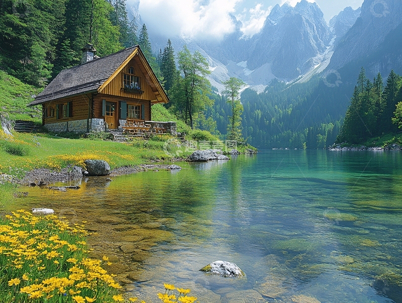 高清大图下载【趣麦麦图】山脚湖泊木屋