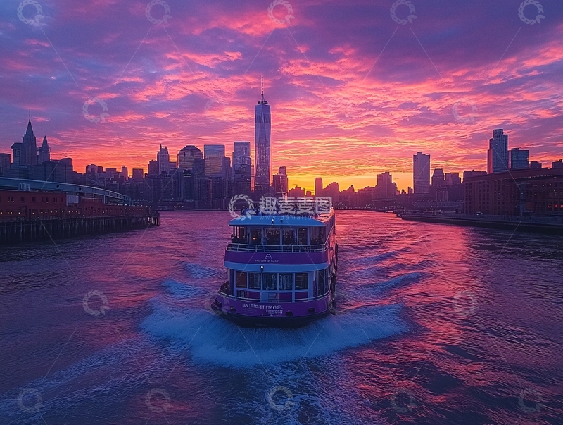 高清大图下载【趣麦麦图】江面霞光渡轮