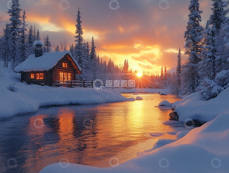 高清大图下载【趣麦麦图】冬天森林夕阳雪景18