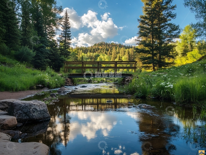 高清大图下载【趣麦麦图】田园生活板凳桥清晨2