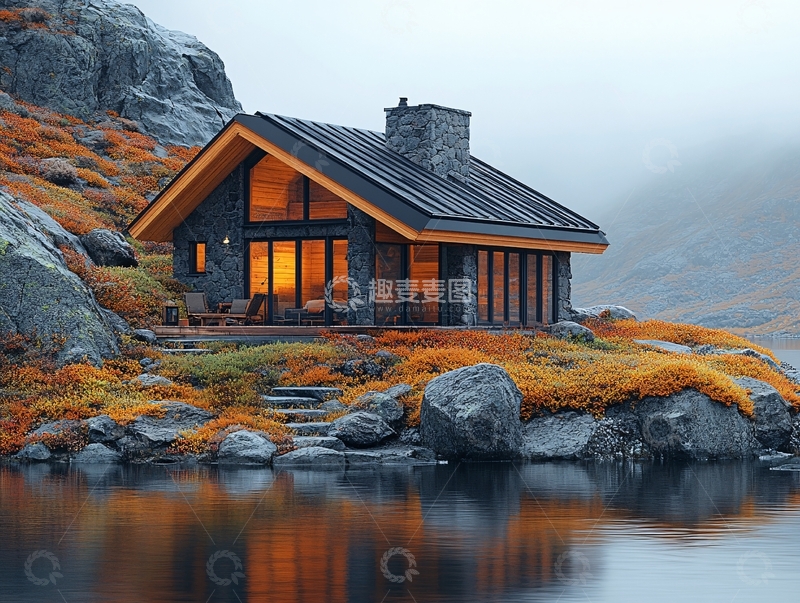 高清大图下载【趣麦麦图】山脚湖泊木屋3
