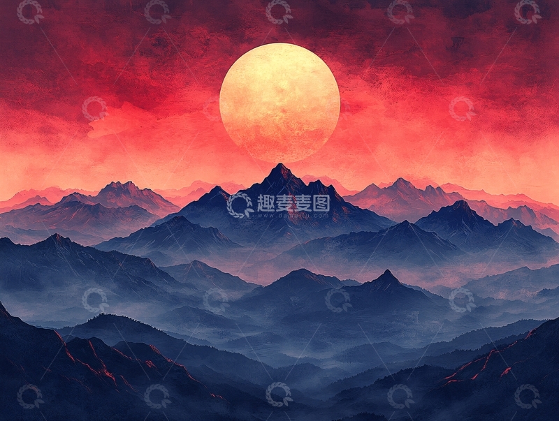 高清大图下载【趣麦麦图】红日水墨山水160