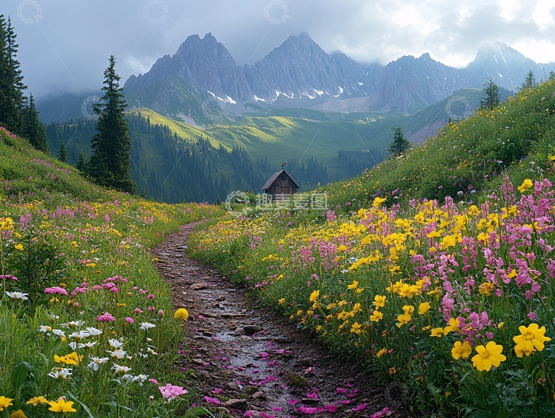 高清大图下载【趣麦麦图】高山下唯美花田