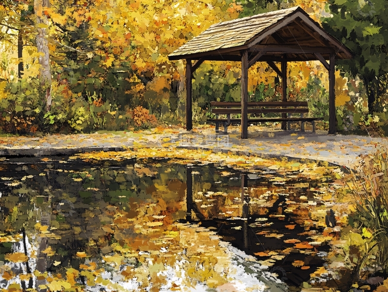 高清大图下载【趣麦麦图】落叶中的凉亭