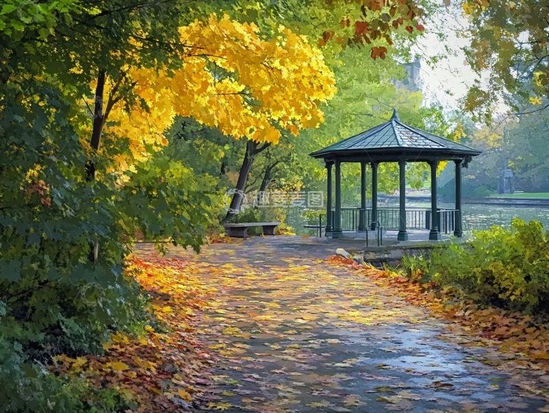 高清大图下载【趣麦麦图】落叶中的凉亭1