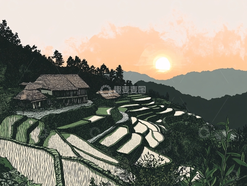 高清大图下载【趣麦麦图】梯田插画