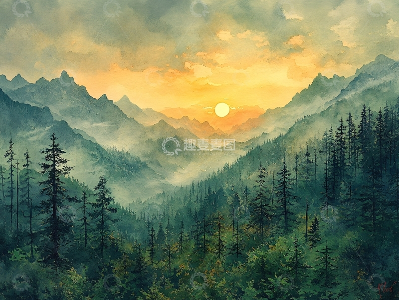 高清大图下载【趣麦麦图】山区日出风景画