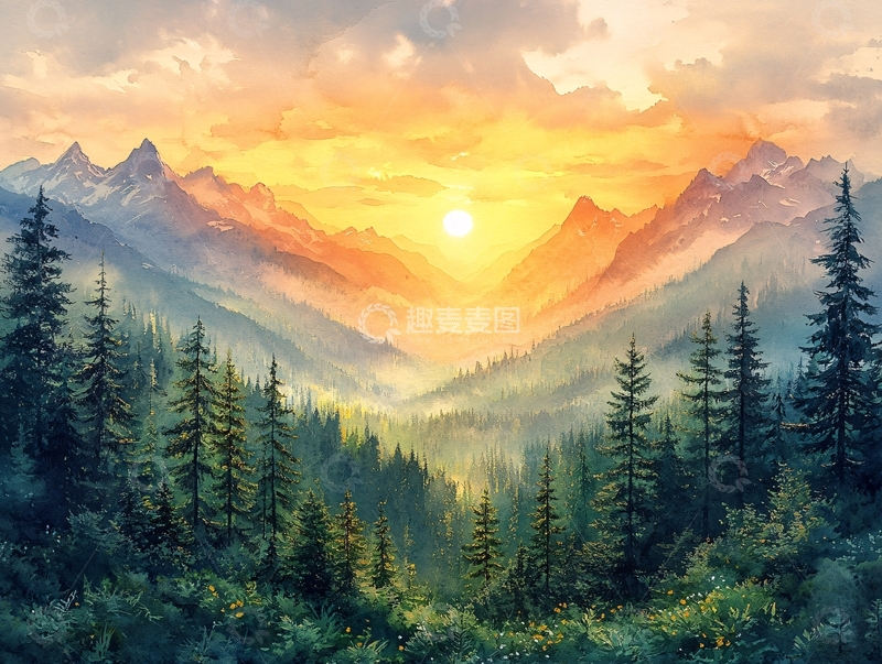 高清大图下载【趣麦麦图】山区日出风景画1