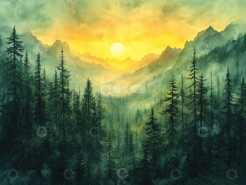 高清大图下载【趣麦麦图】山区日出风景画3