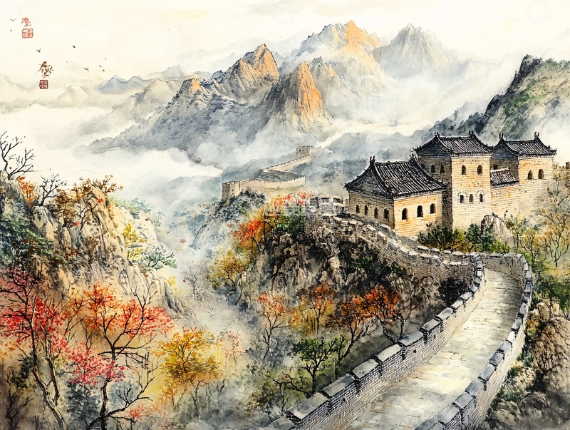 高清大图下载【趣麦麦图】水彩画长城1