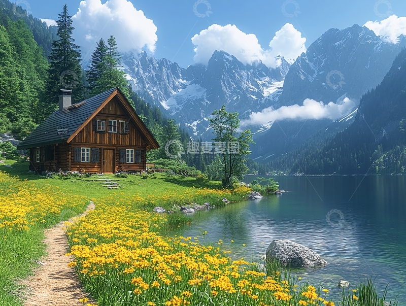 高清大图下载【趣麦麦图】山脚湖泊木屋5