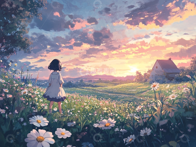 高清大图下载【趣麦麦图】插画夕阳下1