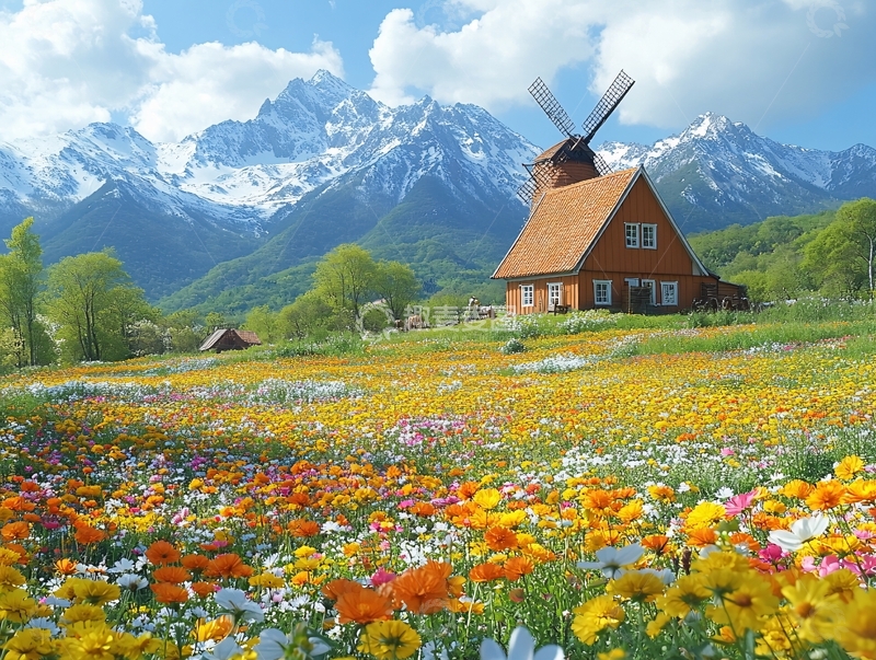 高清大图下载【趣麦麦图】风车房屋花海