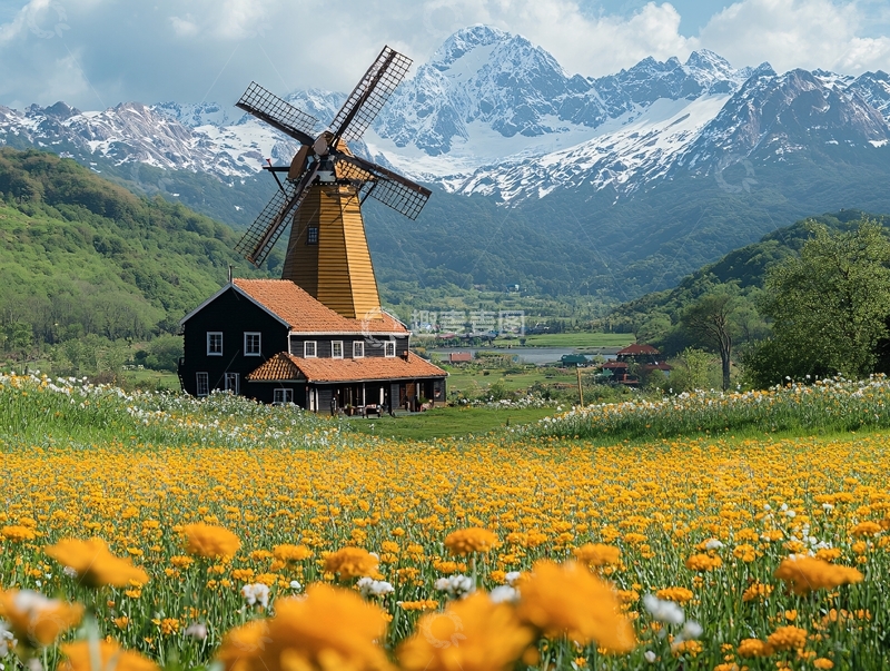 高清大图下载【趣麦麦图】风车房屋花海1