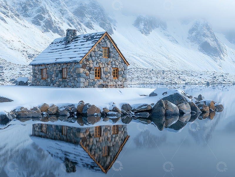 高清大图下载【趣麦麦图】山峦小屋雪景9