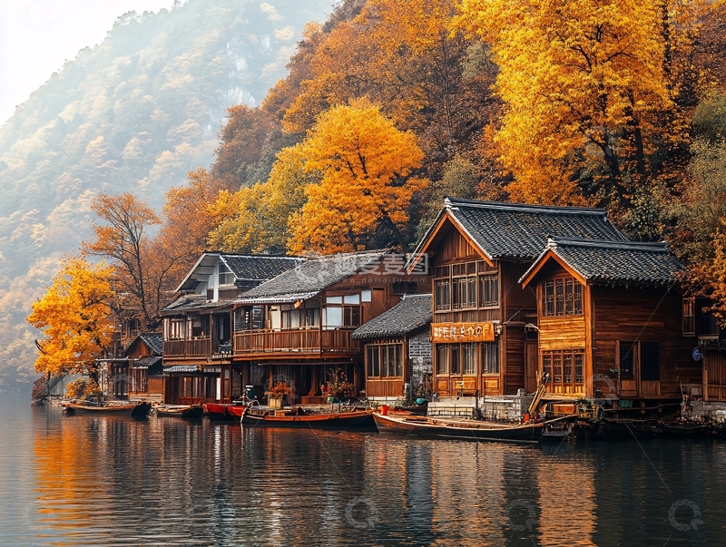 高清大图下载【趣麦麦图】木屋湖畔秋色