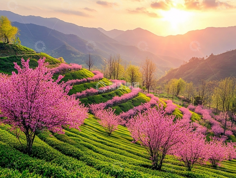 高清大图下载【趣麦麦图】樱花树下的茶园1