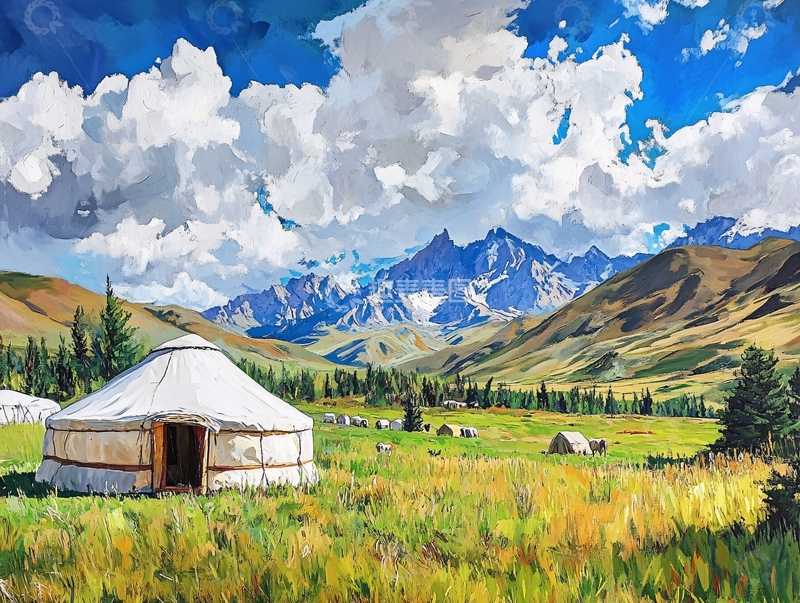 高清大图下载【趣麦麦图】新疆草原插画