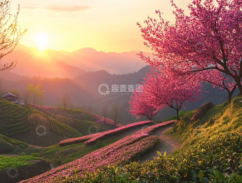 高清大图下载【趣麦麦图】樱花树下的茶园