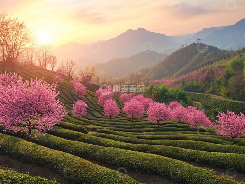 高清大图下载【趣麦麦图】樱花树下的茶园2