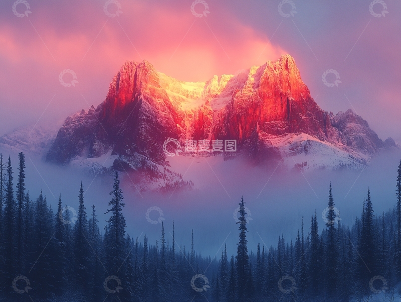 高清大图下载【趣麦麦图】冰川雪峰映晚霞