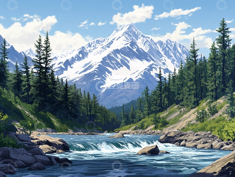 高清大图下载【趣麦麦图】雪山森林河流图1