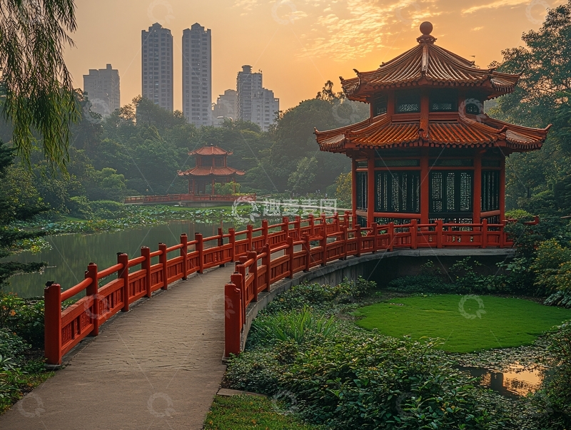 高清大图下载【趣麦麦图】红桥绿树水景