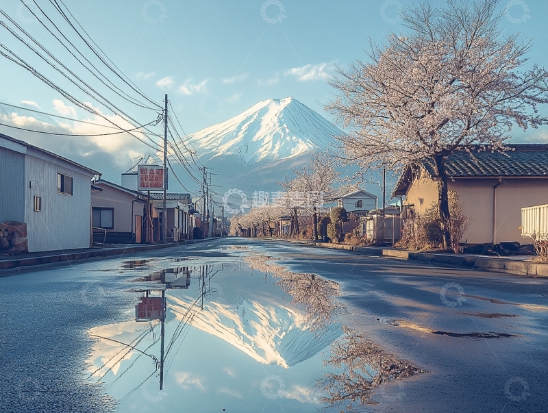 高清大图下载【趣麦麦图】富士山下的小镇