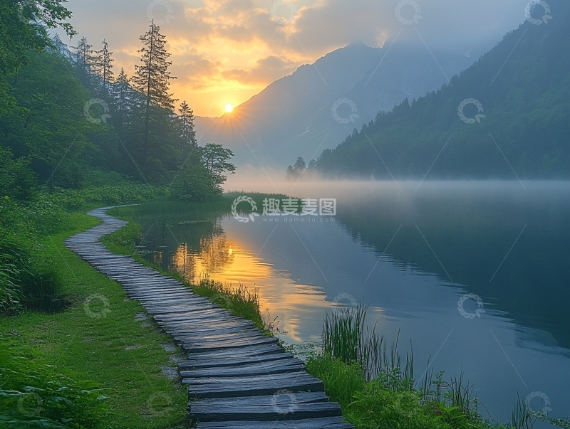 高清大图下载【趣麦麦图】日出湖边小路