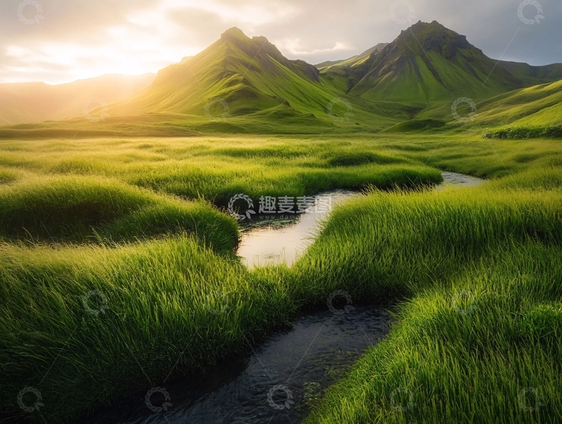 夕阳下的草地溪流1