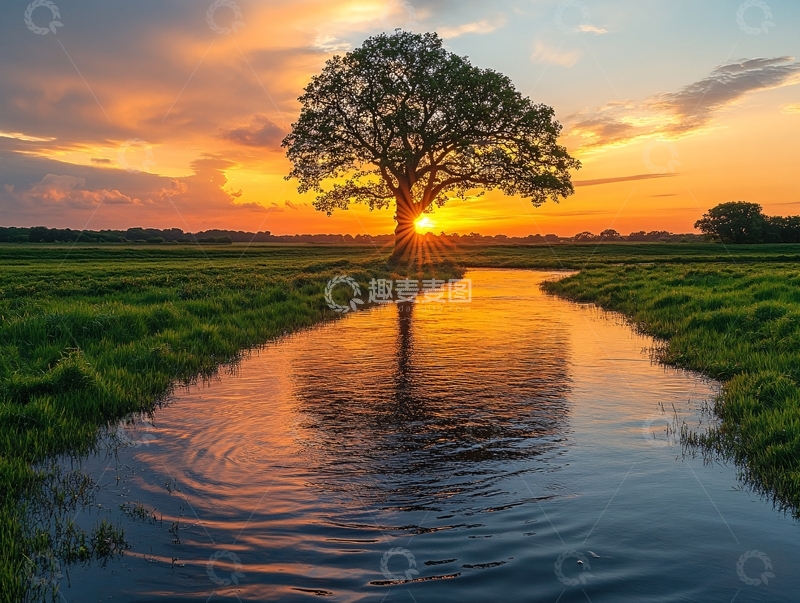 高清大图下载【趣麦麦图】晚霞树小河