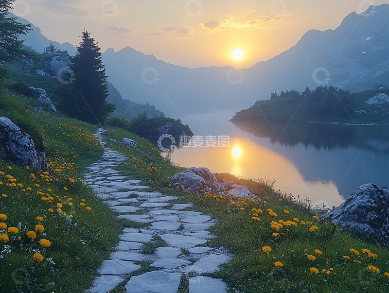 高清大图下载【趣麦麦图】日出湖边小路1