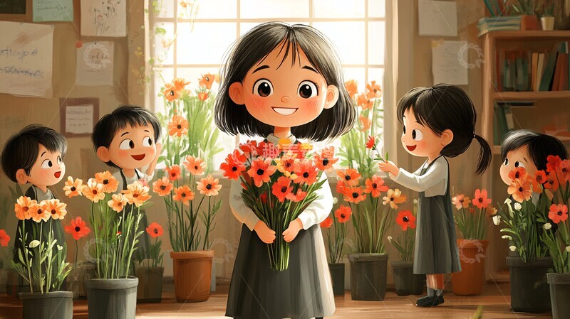 高清大图下载【趣麦麦图】学生送花给老师