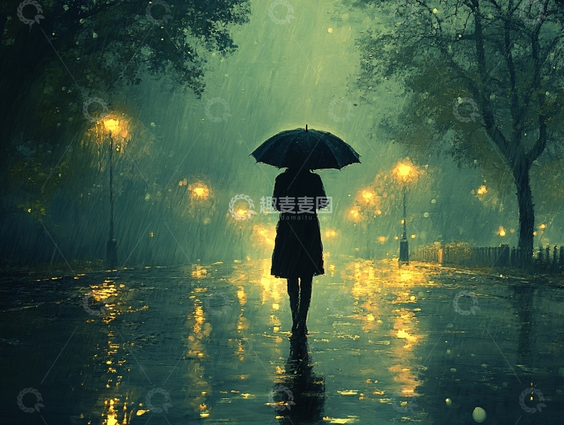 高清大图下载【趣麦麦图】夜雨赶路的女人1