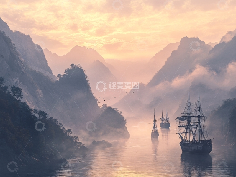 高清大图下载【趣麦麦图】晨雾出风帆